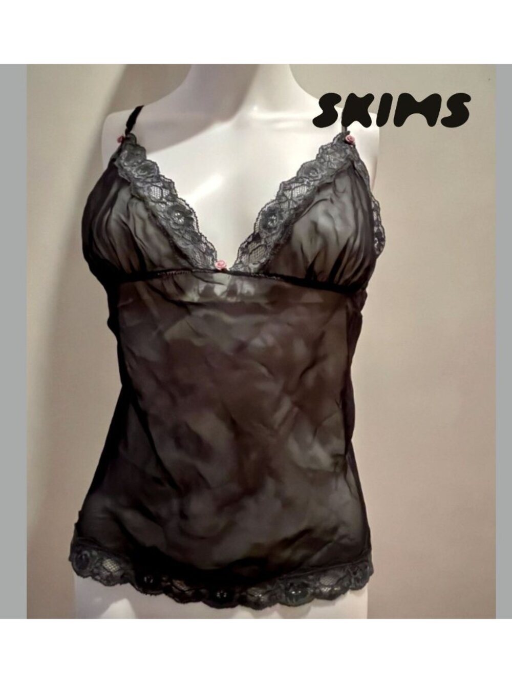 Skims Sheer Black Silk Camisole, Lace Trim, Rose Accents, Large